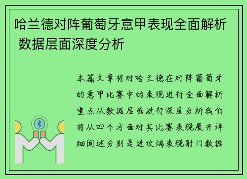 哈兰德对阵葡萄牙意甲表现全面解析 数据层面深度分析